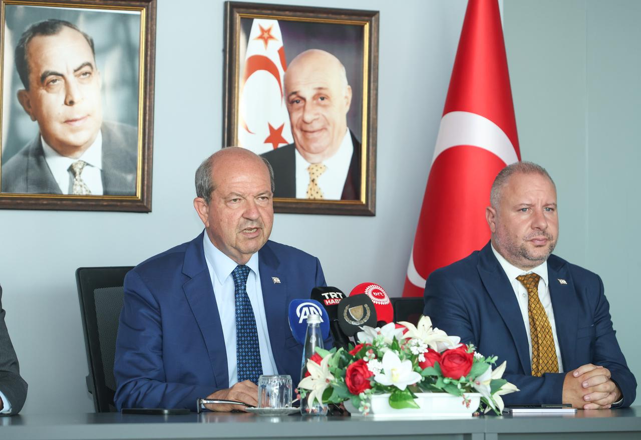 President Ersin Tatar of the Turkish Republic of Northern Cyprus (TRNC) speaks during a press conference at Ercan Airport on 30 June, 2025. (AA Photo)