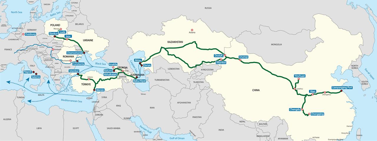 A map showing the Middle Corridor (Trans-Caspian International Transport Route), a strategic trade and transport network connecting China to Europe via Central Asia, the Caspian Sea, the South Caucasus, and Türkiye, accessed on July 1, 2025. (Photo via wikipedia.org)