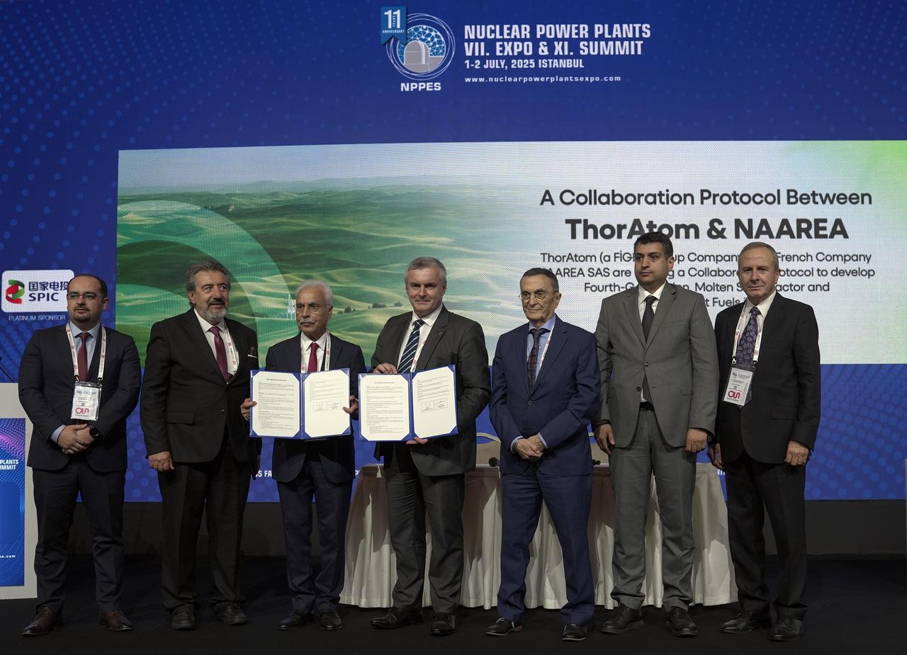 Officials from both companies pose for a group photo after the formal signing ceremony of the ThorAtom-NAAREA partnership agreement in Istanbul, Türkiye, on July 1, 2025. (AA Photo)
