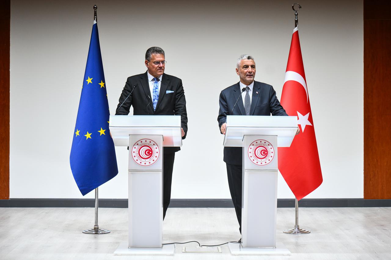 European Commission Vice President Maros Sefcovic and Türkiye’s Trade Minister Omer Bolat hold a joint press conference following the Türkiye–EU High-Level Trade Dialogue in Ankara, Türkiye, on July 1, 2025. (AA Photo)