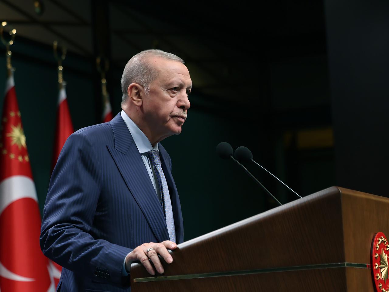 President Recep Tayyip Erdogan delivers a speech during press conference after attending Cabinet Meeting at Presidential Complex in Ankara, Türkiye on June 30, 2025. (TUR Presidency /Mustafa Kamaci/AA)