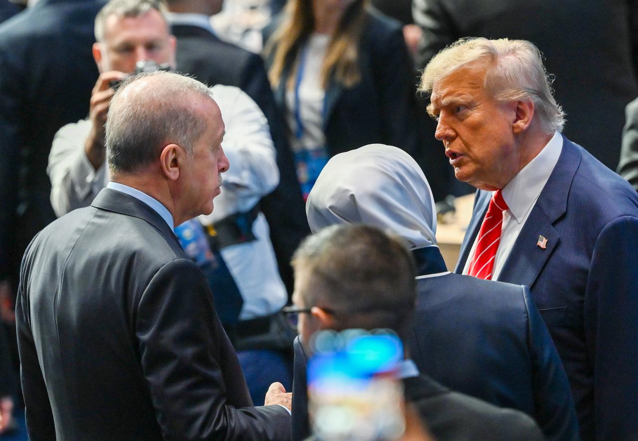 President Recep Tayyip Erdogan (L) and US President Donald Trump (R) attend the NATO Heads of State and Government Summit in the Hague, the Netherlands on June 25, 2025. (AA Photo)
