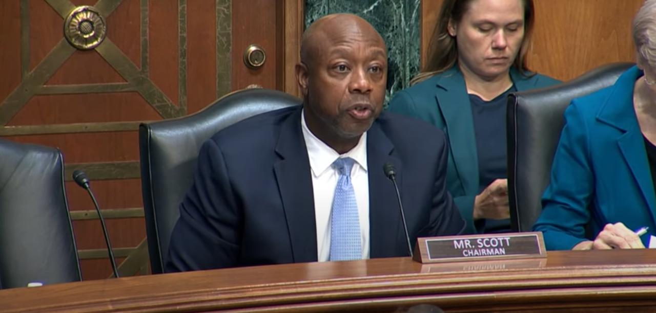 Senator Tim Scott speaking passionately in the Senate, captured on July 10, 2025. (From the US Senate Banking Committee GOP YouTube)
