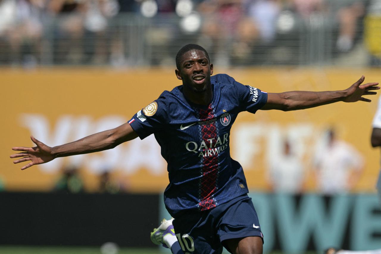 Paris Saint-Germain's French forward #10 Ousmane Dembele celebrates scoring his team's second goal during the FIFA Club World Cup 2025 semifinal football match between France's Paris Saint-Germain and Spain's Real Madrid at the MetLife stadium in East Rutherford, New Jersey on July 9, 2025. (AFP Photo)