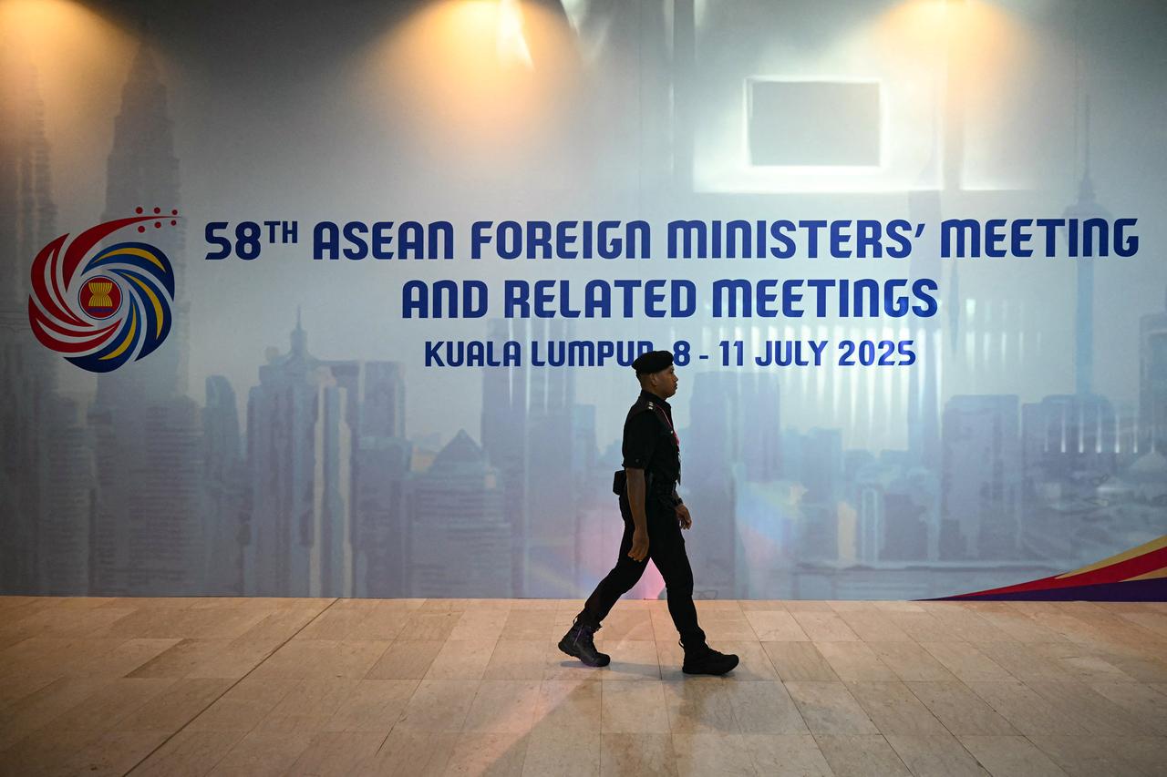 A security member walk past a logo of the Association of Southeast Asian Nations (ASEAN) during the 58th ASEAN Foreign Ministers’ meeting and related meetings at the Convention Centre in Kuala Lumpur on July 9, 2025. (AFP Photo)