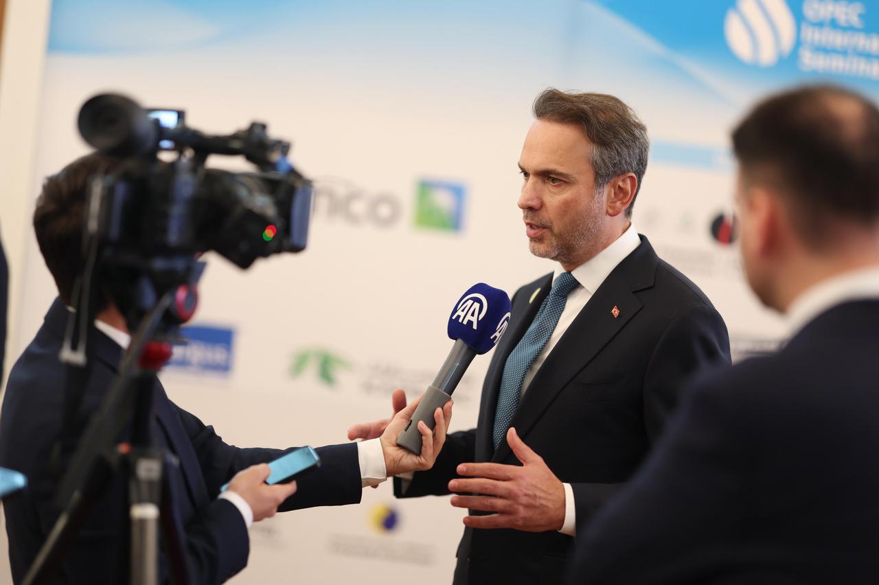 Turkish Energy and Natural Resources Minister Alparslan Bayraktar speaking to reporters during the 9th OPEC International Seminar in Vienna, Austria on 10 July, 2025. (AA Photo)