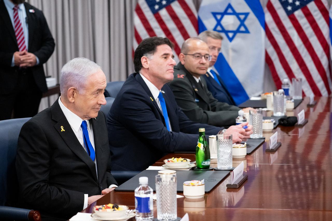 (L/R) Israeli Prime Minister Benjamin Netanyahu and Israeli Minister of Strategic Affairs Ron Dermer attend a meeting with US Secretary of Defense Pete Hegseth at the Pentagon in Washington, DC, on July 9, 2025. (AFP Photo)