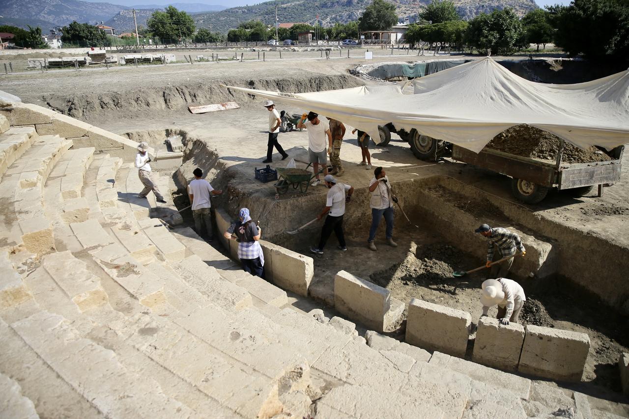 Restoration work continues at the ancient theater of the Letoon Sanctuary in Seydikemer district of Mugla, Türkiye, July 8, 2025. (AA Photo)