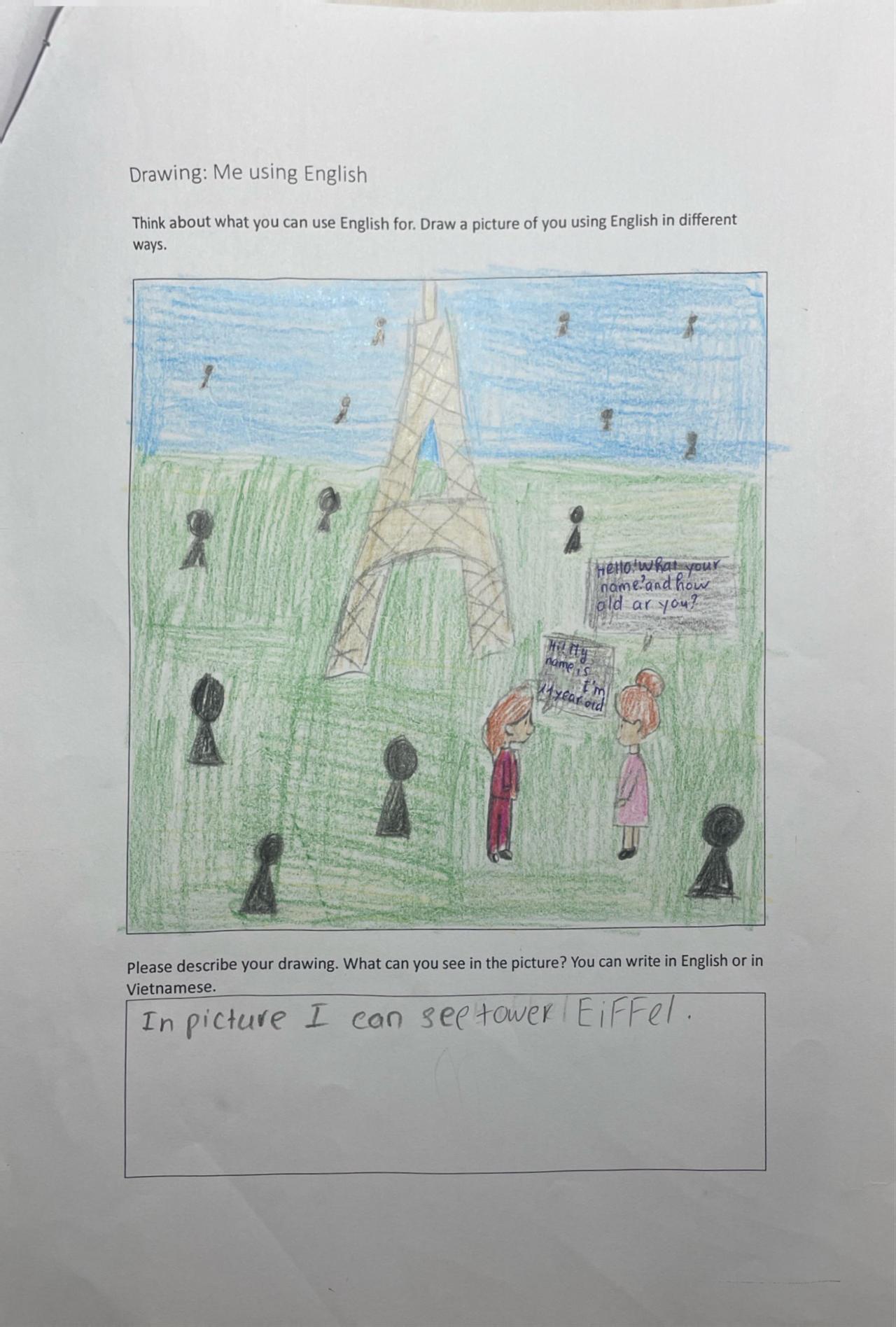 Chatting in English and hanging out in Paris is what this young student from Vietnam drew. (Photo via Cambridge University)