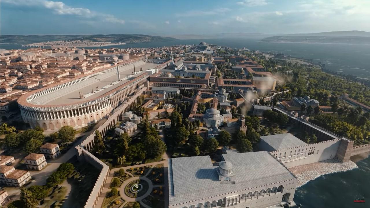 Virtual image of Constantinople in Byzantine era─in the foreground of the image to the right, the Boukoleon Palace. (Photo via Wikimedia)