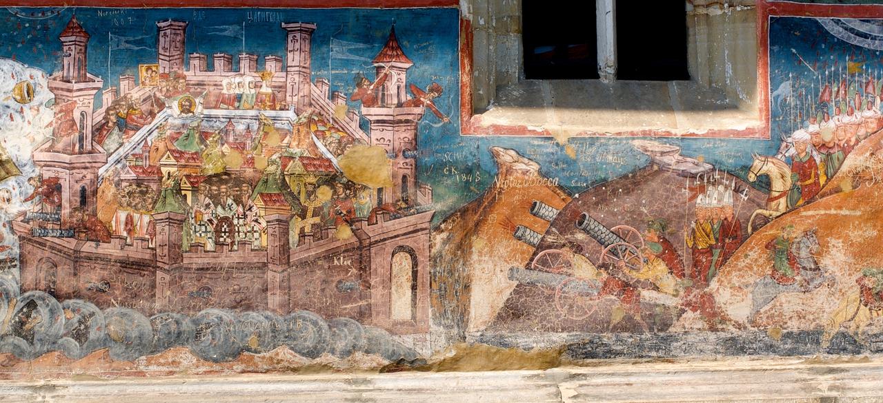 A fresco depicting the siege of Constantinople in the 7th century A.D., although the presence of canons clearly indicate it is based on the final siege of the city in 1453 A.D., From the Church of Moldovita, Romania. (Photo via World History Encyclopedia)