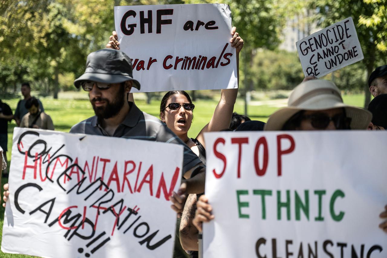 A group of Jewish activists, holding banners, gather for a protest, against the activities of the US-Israeli-led Gaza Humanitarian Foundation (GHF) in front of the US Consulate General in West Jerusalem on July 11, 2025. (AA Photo)
