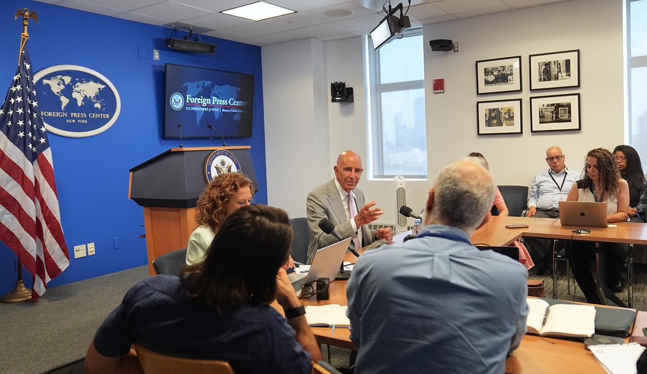 Thomas J. Barrack, U.S. Ambassador to Turkiye briefs media on Strengthening U.S.-Türkiye Relations and Advancing Relations with Syria at the Foreign Press Centers of U.S. Department of State in New York City, United States, on Friday, July 11, 2025. (AA Photo)