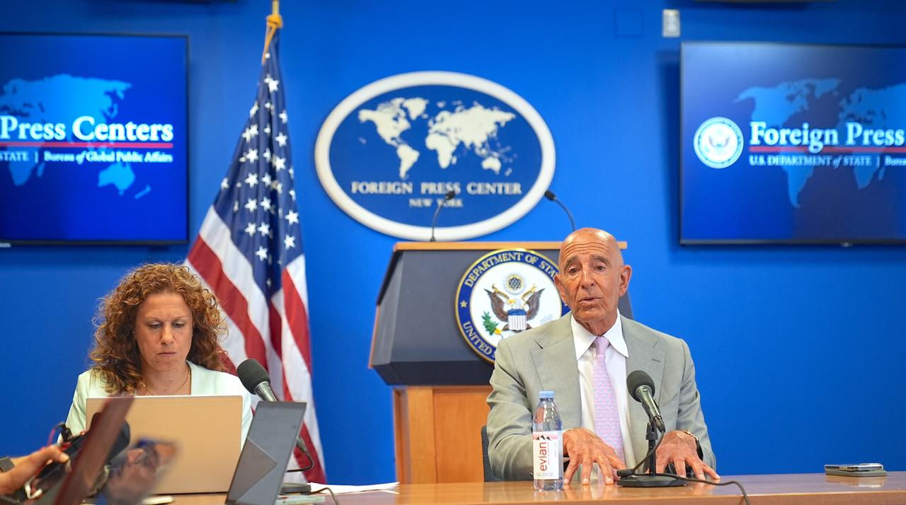 Thomas J. Barrack, U.S. Ambassador to Turkiye briefs media on Strengthening U.S.-Türkiye Relations and Advancing Relations with Syria at the Foreign Press Centers of U.S. Department of State in New York City, United States, on Friday, July 11, 2025. (AA Photo)