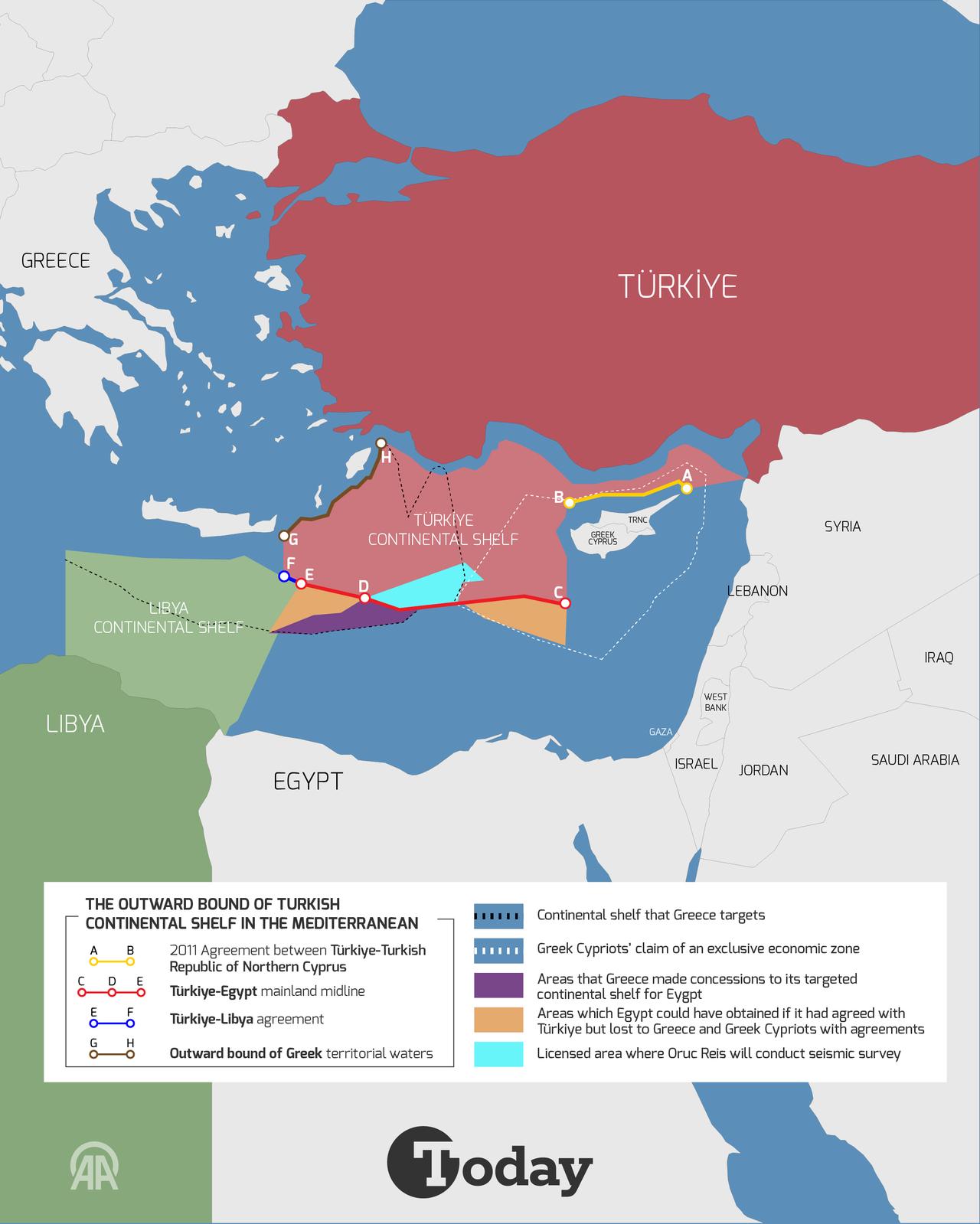 Akdeniz'deki Türk kıta sahasının dış sınırlarının infografisi. (Bugün Türliye)