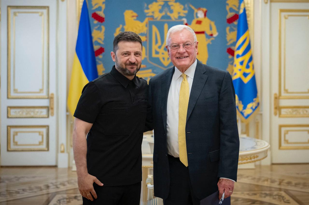 Ukraine's President Volodymyr Zelensky (L) greeting US Special Envoy for Ukraine and Russia Keith Kellogg (R) prior to their talks in Kyiv, Ukraine on July 14, 2025. (AFP Photo via Ukrainian Press Service)