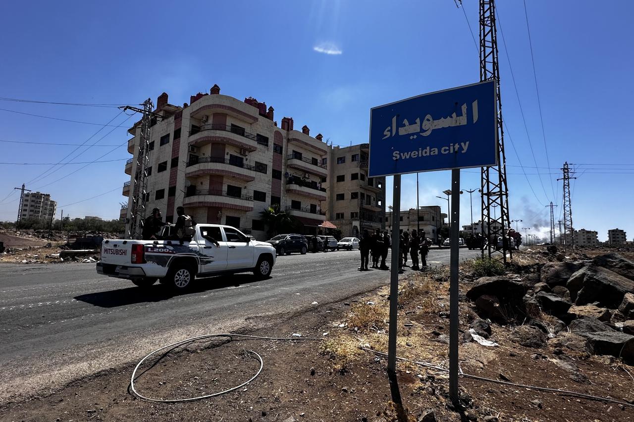 Troops from the Syrian Ministry of Defense are seen at the entrance of Suwayda, Syria on July 15, 2025. (AA Photo)