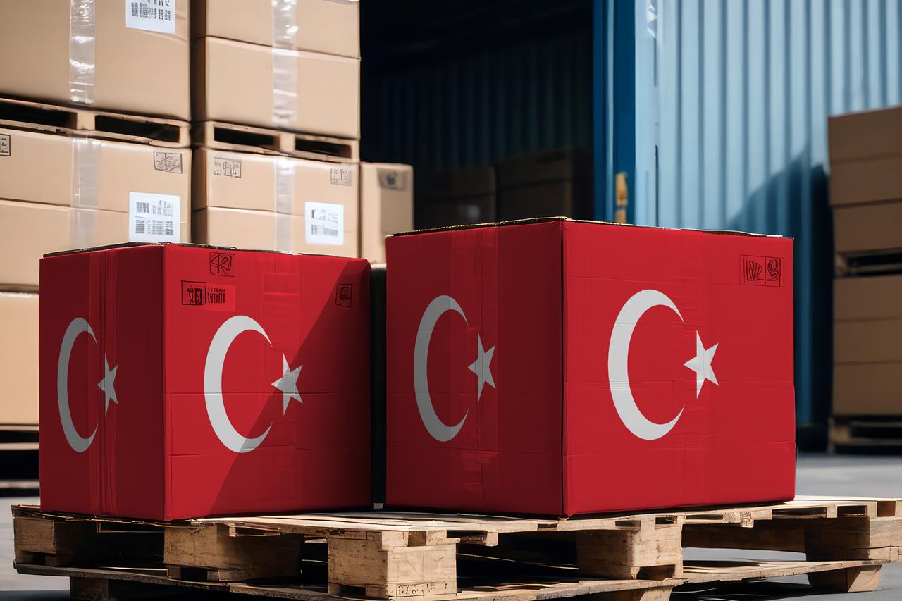 Stacked cardboard boxes and a Türkiye flag on a pallet, representing international trade (Photo via Adobe Stock)