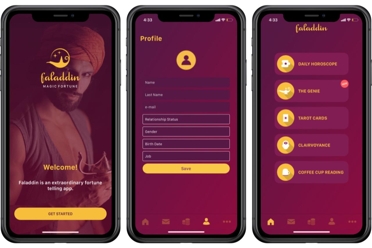 Three different interfaces of the Faladdin app. (Photo via Faladdin)