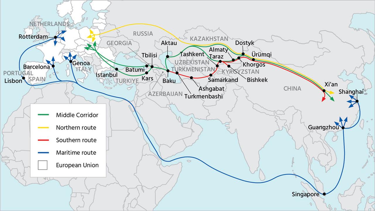 A map showing major freight corridors connecting China to Europe. (Image via hinrichfoundation.com)