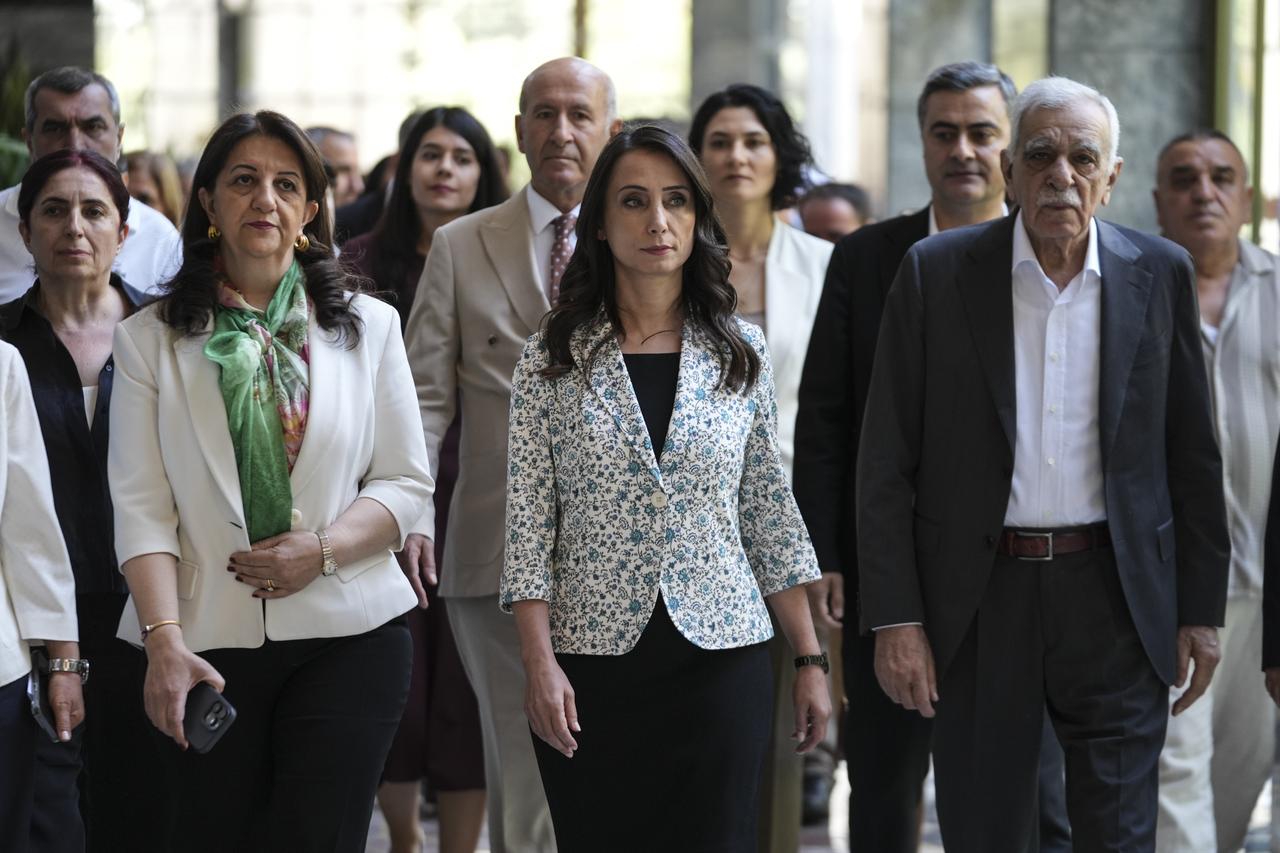 Co-chair of DEM Party Tulay Hatimogullari (center) attends the party’s parliamentary group meeting with DEM Party Van MP Pervin Buldan (left) and DEM Party member Ahmet Turk (right), Ankara, Türkiye, July 8, 2025. (AA Photo)