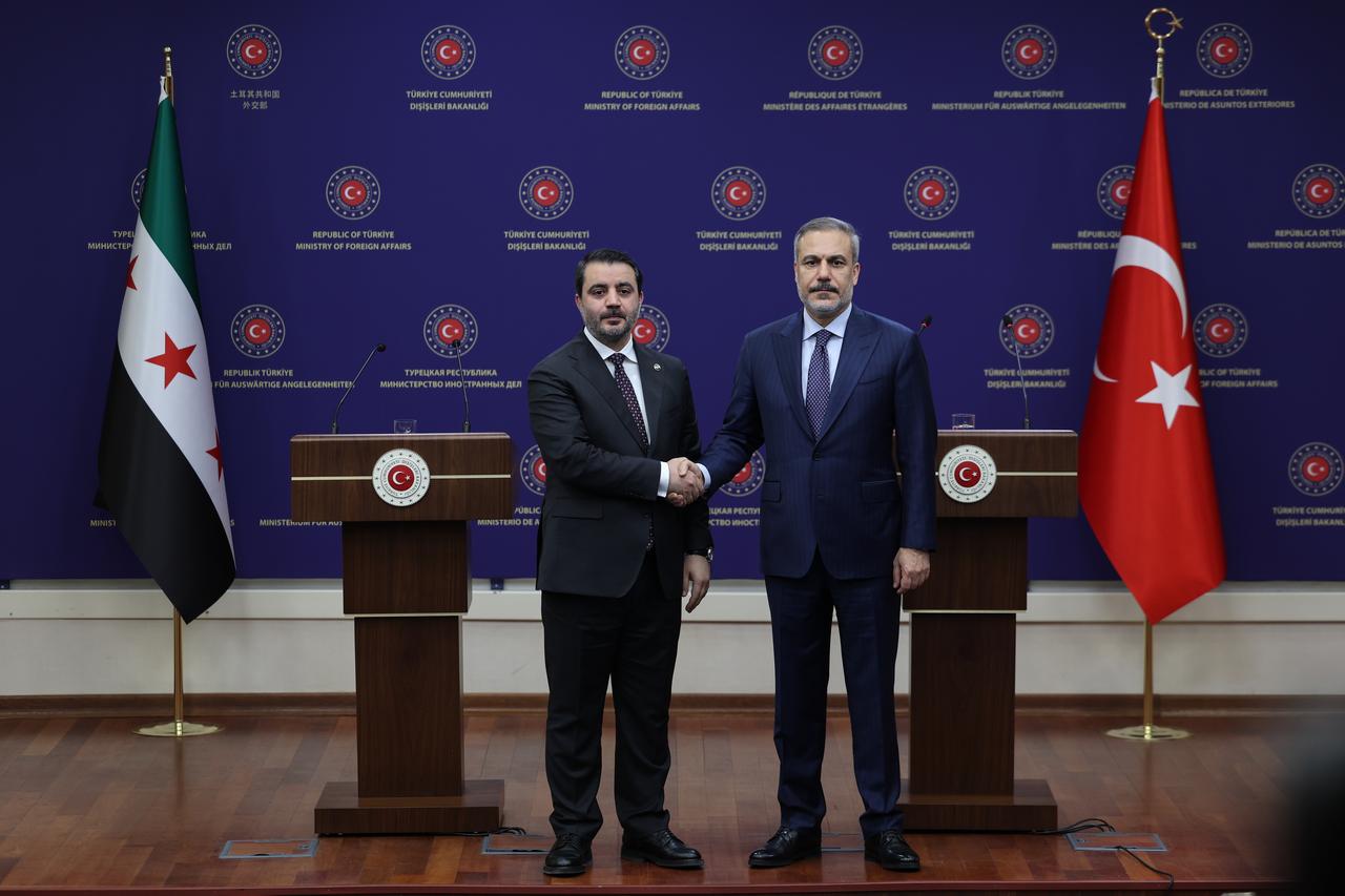 Turkish Foreign Minister Hakan Fidan (R) and the Foreign Minister of the new administration in Syria, Asaad al-Shaibani (L) hold a joint press conference in Ankara, Türkiye on January 15, 2025. (AA Photo)