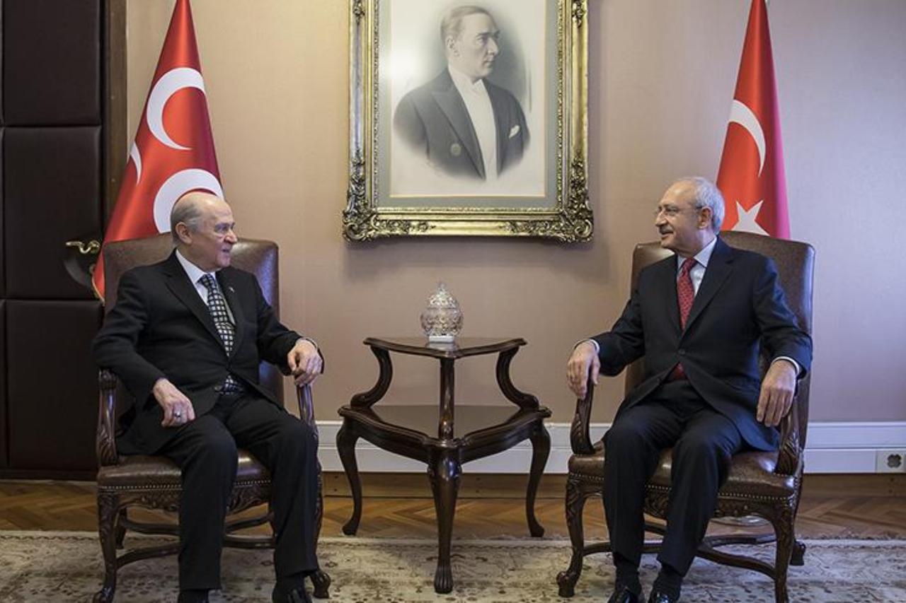 Then-CHP leader Kemal Kilicdaroglu meets MHP leader Devlet Bahceli at the Parliament in Ankara, Türkiye, Jan. 18, 2017. (AA Photo)