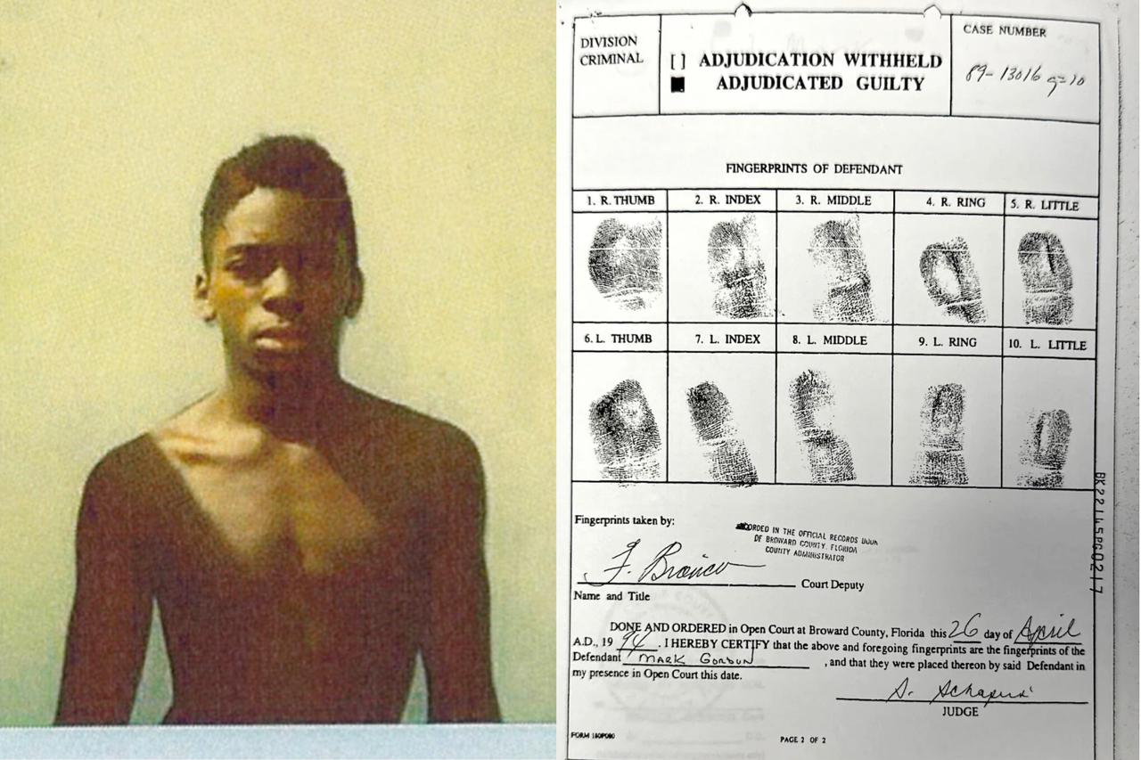 Mark Gordon at age 14 (left) and fingerprint records (right) related to his violent rape and kidnapping conviction in 1989 in Florida, United States. (Photo via Broward County Court records)