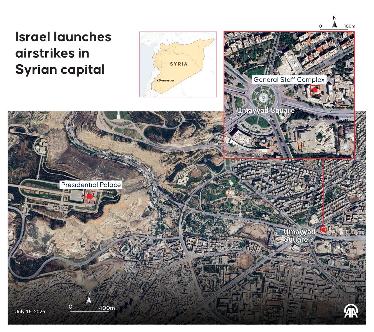 An infographic titled 'Israel launches airstrikes in Syrian capital' created in Ankara, Türkiye on July 16, 2025. (AA Infographic)
