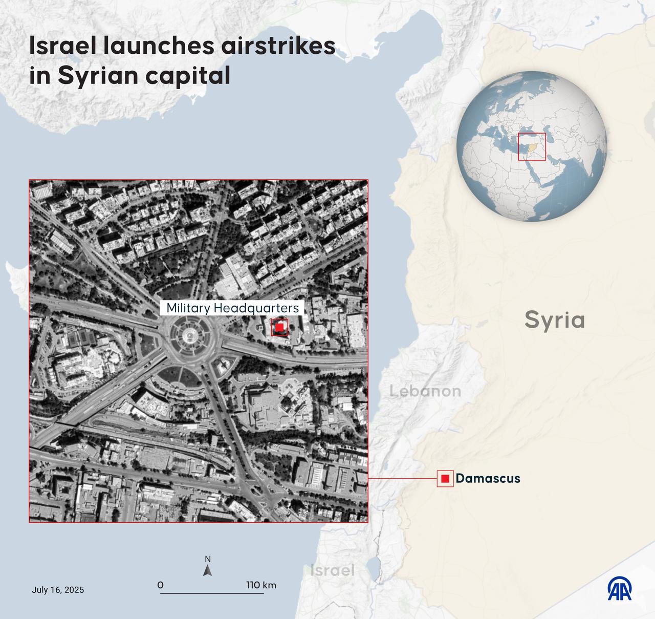 An infographic titled "Israel launches airstrikes in Syrian capital" created in Ankara, Türkiye, July 16, 2025. (AA Photo)