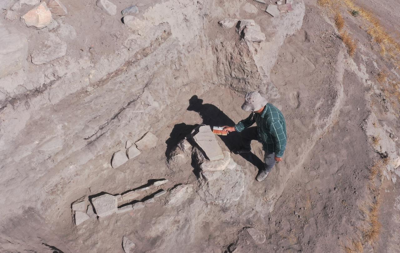 An aerial view of the ongoing archaeological excavations at the 6,000-year-old temple site in Tadim Fortress and Mound, Elazig, Türkiye, July 15, 2025. (AA Photo)