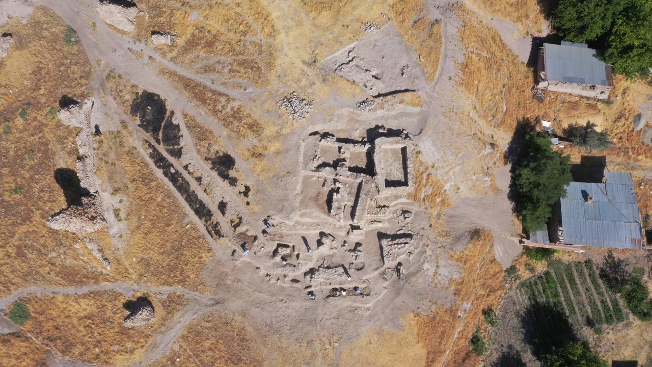 An aerial view of the ongoing archaeological excavations at the 6,000-year-old temple site in Tadim Fortress and Mound, Elazig, Türkiye, July 15, 2025. (AA Photo)