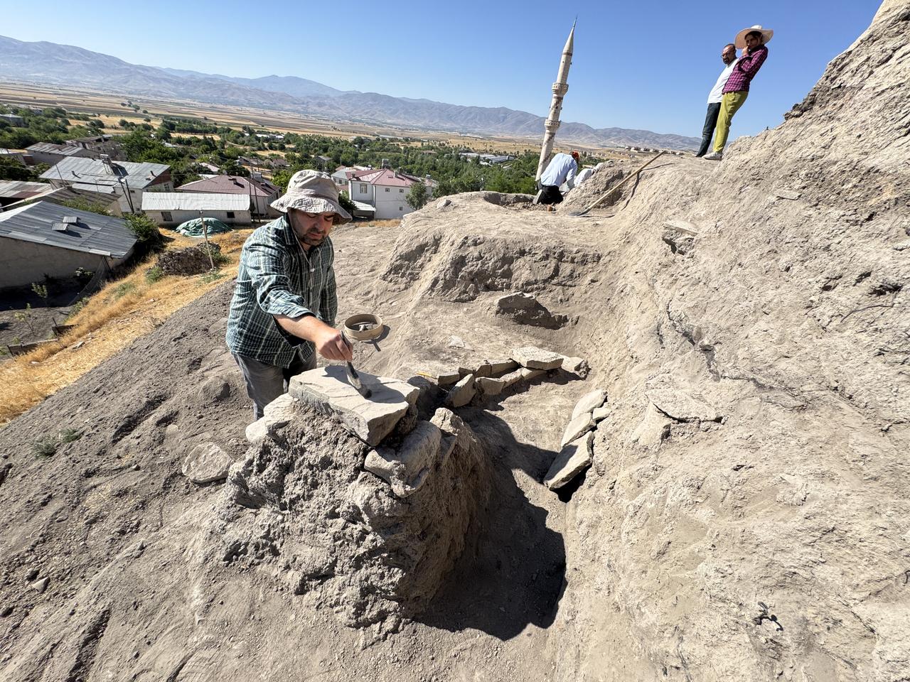 A view of the ongoing archaeological excavations at the 6,000-year-old temple site in Tadim Fortress and Mound, Elazig, Türkiye, July 15, 2025. (AA Photo)