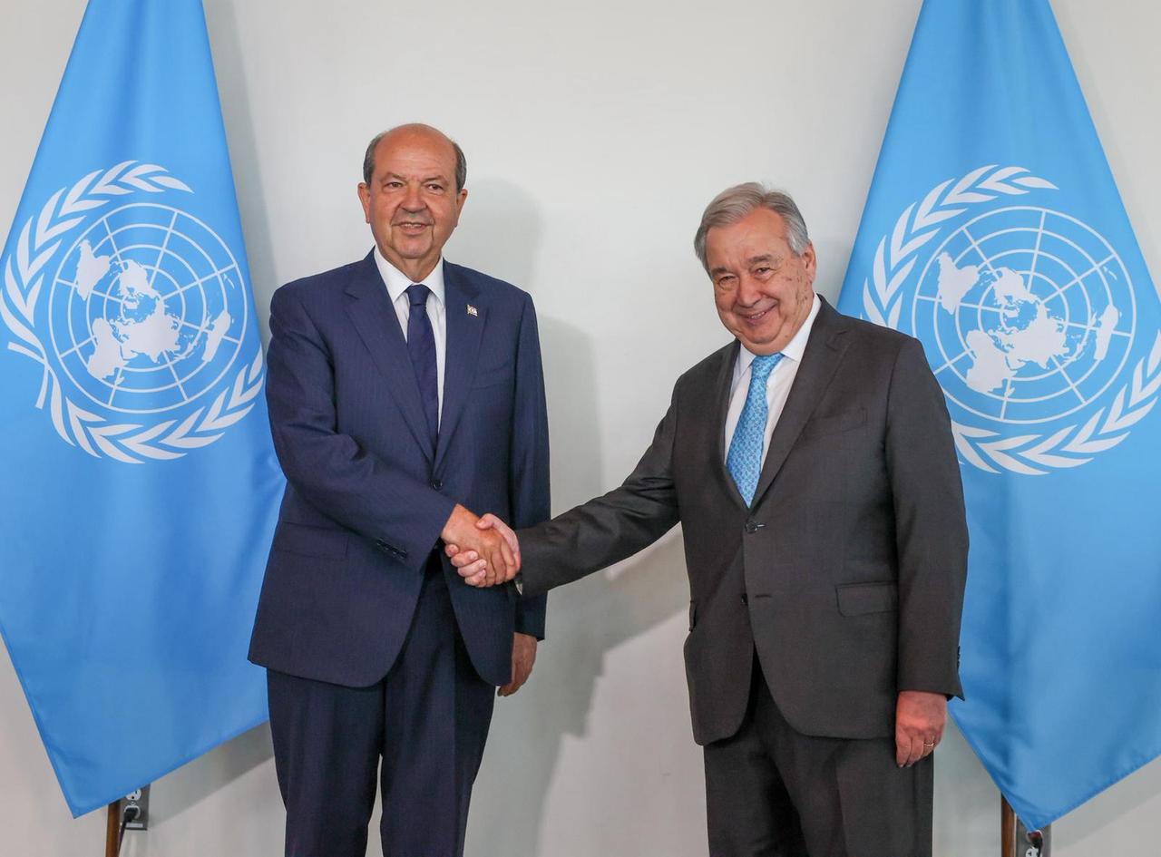 United Nations Secretary-General Antonio Guterres welcomes President of the Turkish Republic of Northern Cyprus Ersin Tatar at the U.N. Headquarters in New York, United States on July 16, 2025. (AA Photo)