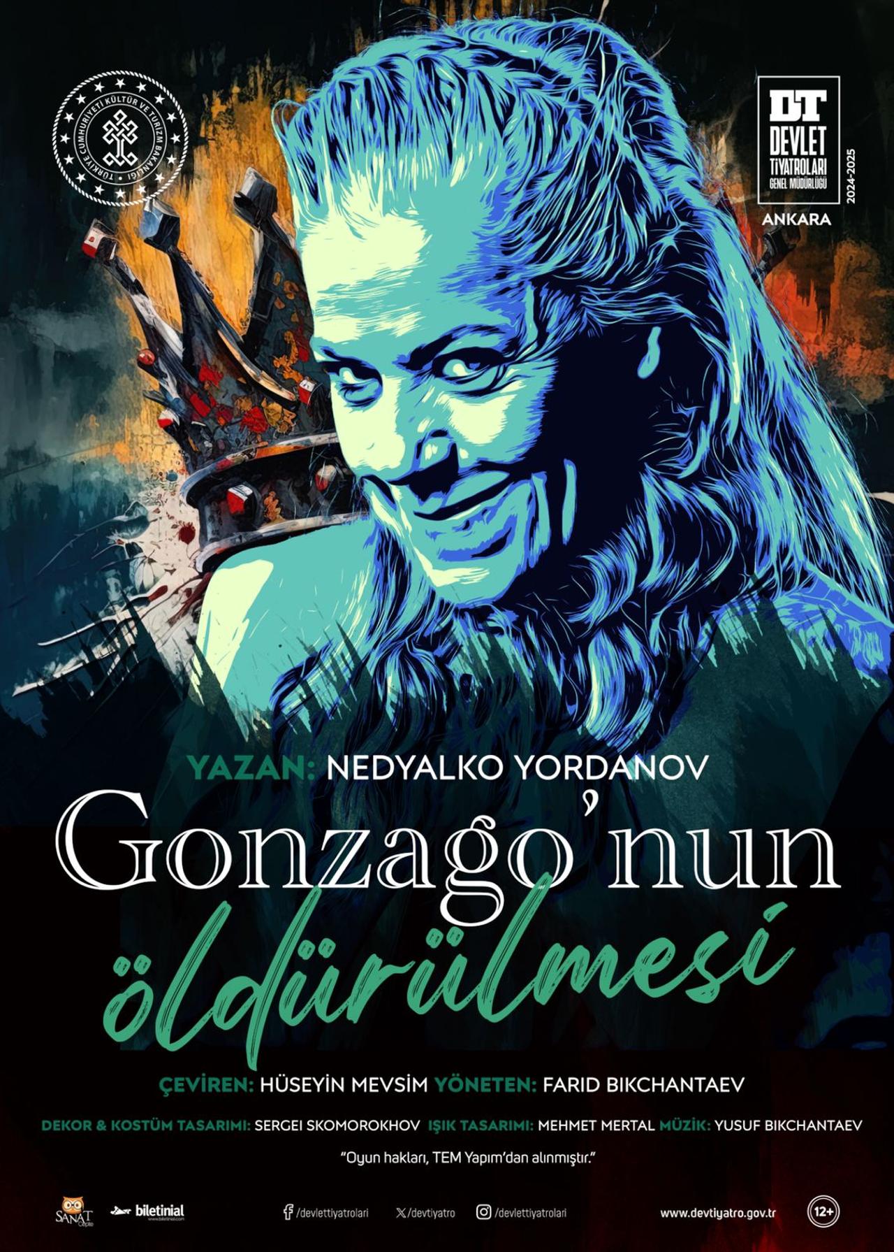 Official banner of 'The Murder of Gonzago' by Nedyalko Yordanov, showing in General Directorate of State Theatres. (Photo via Republic of Türkiye Ministry of Culture and Tourism, General Directorate of State Theatres)