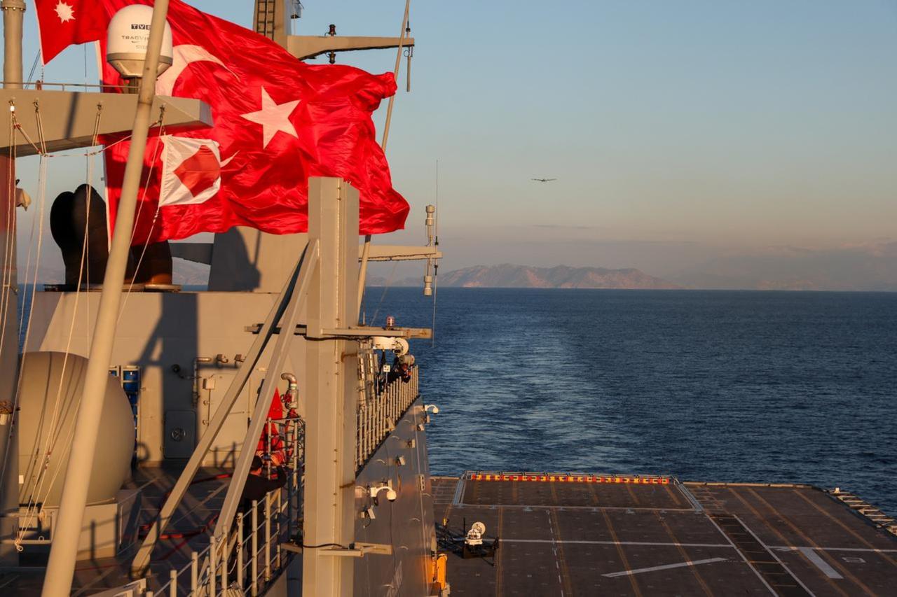 Bayraktar TB3, a Turkish medium-altitude long-endurance (MALE) unmanned combat aerial vehicle (UCAV), takes off from TCG Anadolu on November 19, 2024. (AA Photo)
