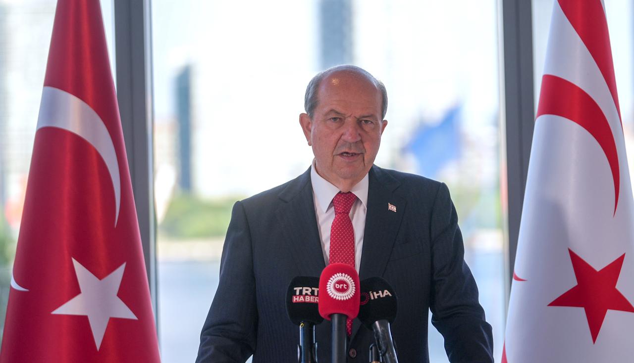 Turkish Republic of Northern Cyprus (TRNC) President Ersin Tatar holds a press conferenc at the Turkish House (Türkevi) in New York, United States on July 18, 2025. (AA Photo)