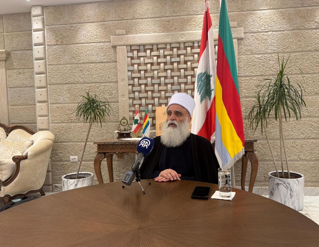 Spiritual leader of the Druze community in Lebanon, Sheikh Sami Abil-Mona speaks to a reporter on 18 July, 2025. (AA Photo)