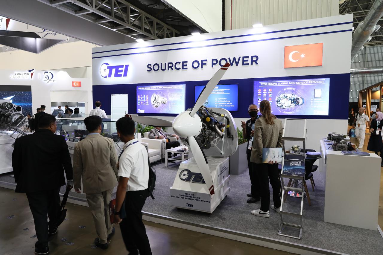 TEI-PD222ST Turbodiesel Aviation Engine, developed by Tusas Engine Industries, is on display during the LIMA 2023 in Langkawi, Malaysia on May 23, 2023. (AA Photo)