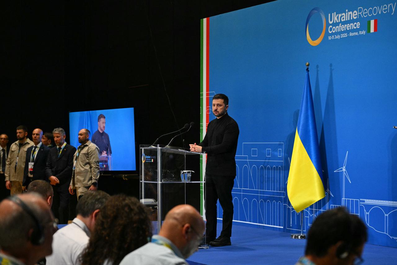 Ukraines President Volodymyr Zelenskyy addresses a press conference during The Ukraine Recovery Conference 2025 (URC2025) at The Roma Convention Centre in Rome, Italy on July 10, 2025. (AFP Photo)