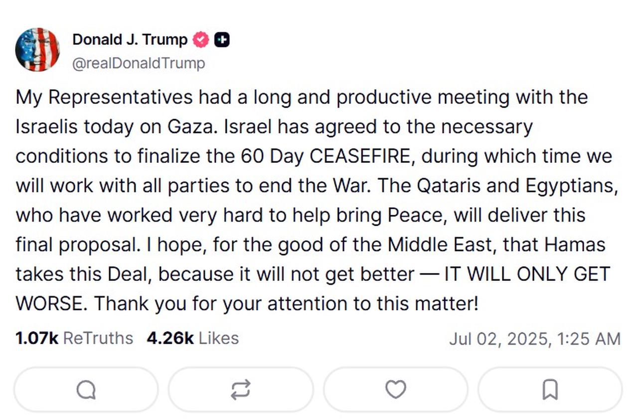 Screengrab shows U.S. President Donald Trump's post on social media platform Truth Social, accessed July 2, 2025. (Photo via Truth Social)