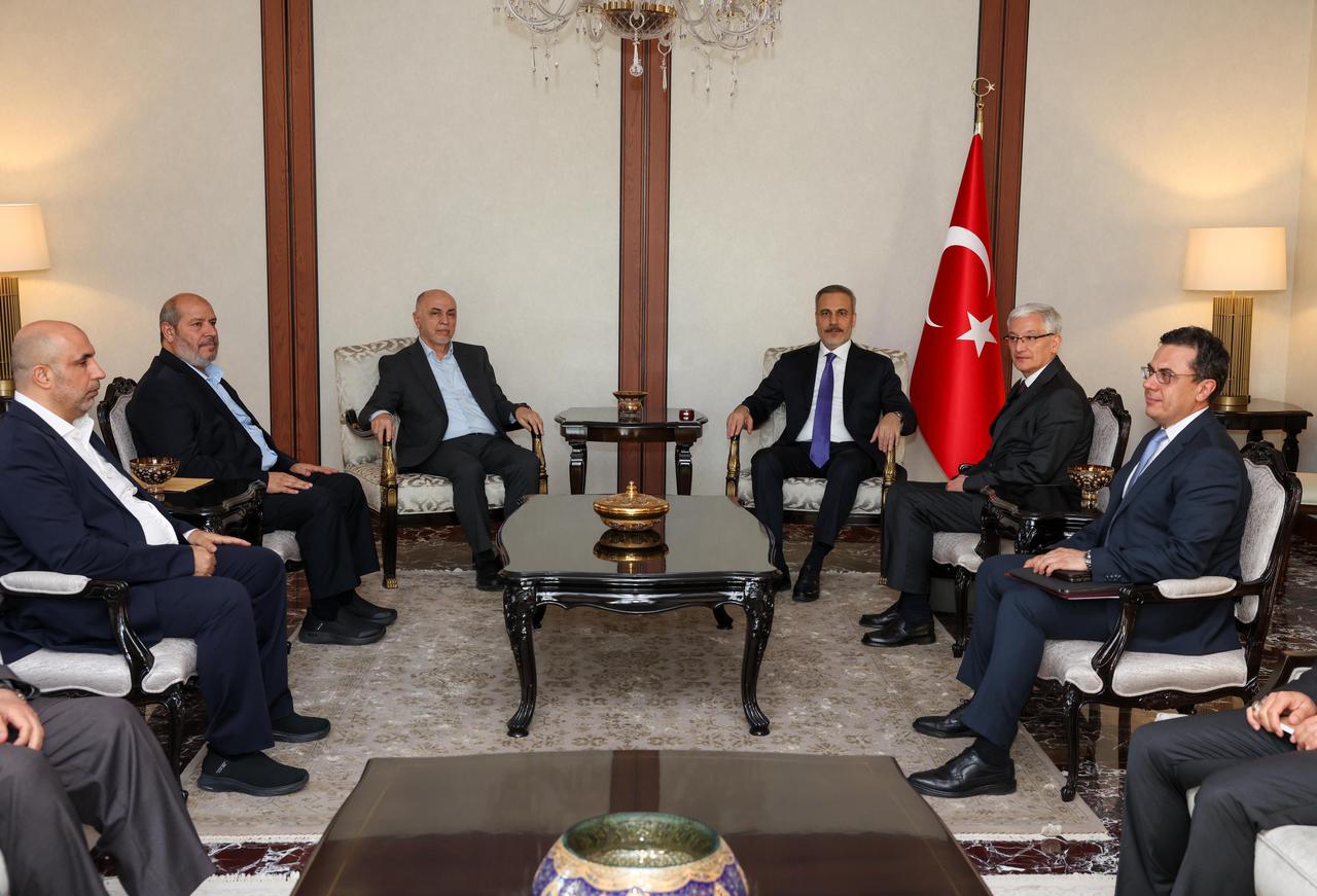 Turkish Foreign Minister Hakan Fidan (C-R) meets with the Hamas Shura Council Chairman Muhammad Darwish (C-L) in Ankara, Türkiye on July 02, 2025. (AA Photo)