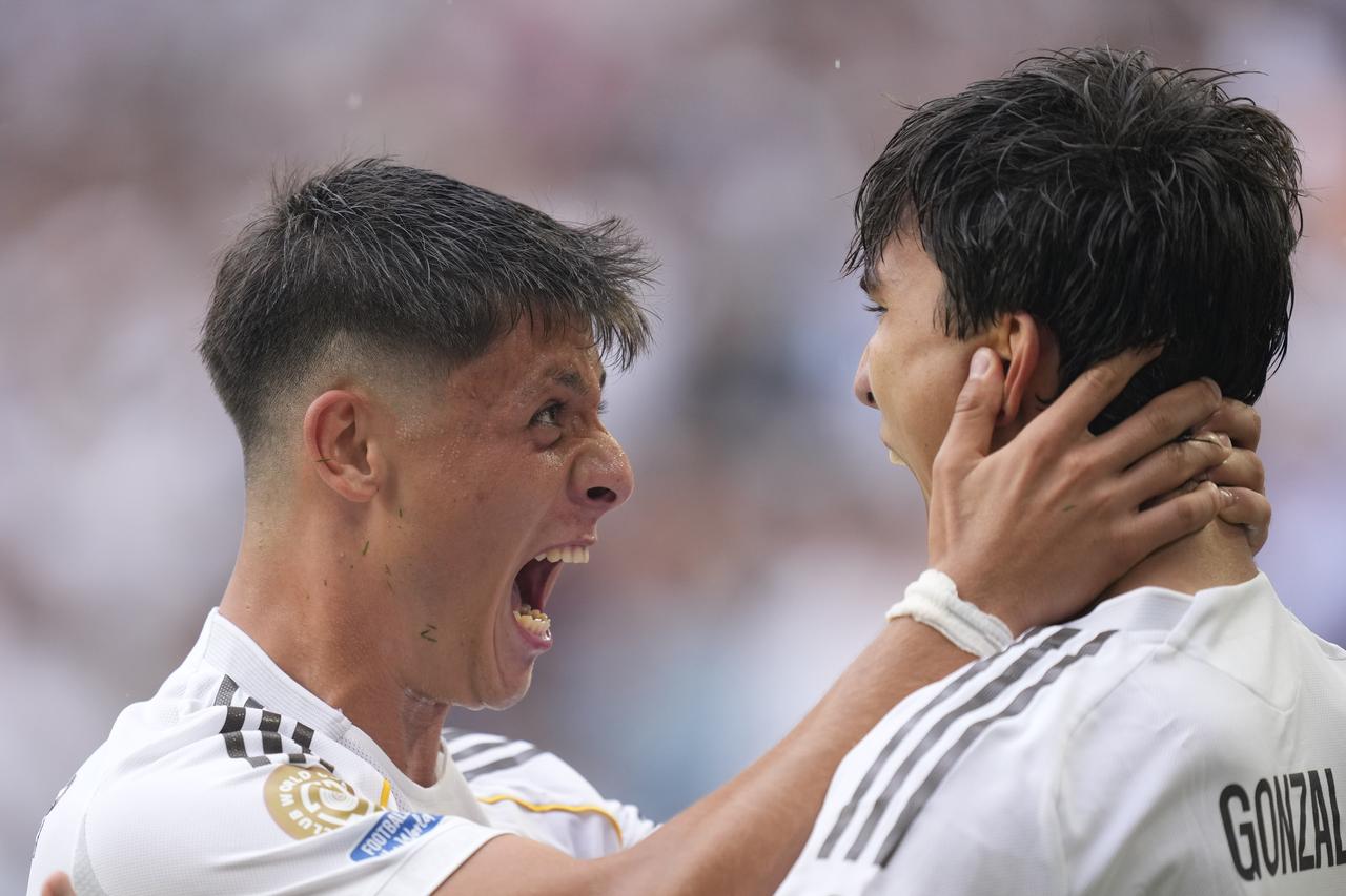 Real Madrid’s Gonzalo Garcia celebrates his goal with teammate Arda Guler during the 2025 FIFA Club World Cup Round of 16 match against Juventus at Hard Rock Stadium in Miami. (AA Photo)