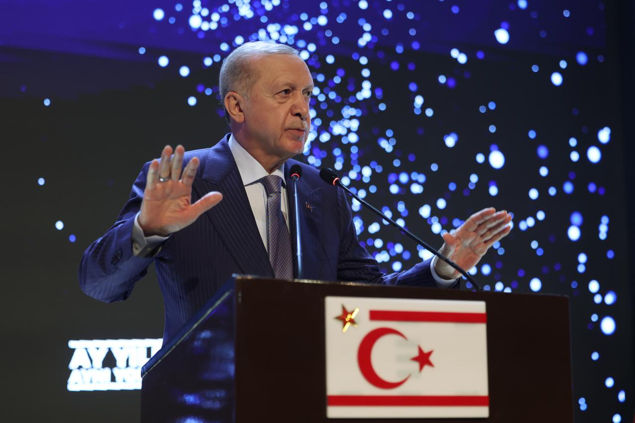 President Recep Tayyip Erdogan speaks during the ceremonies at the Republic Complex in Lefkosia, Turkish Republic of Northern Cyprus (TRNC) on July 20, 2025. (Turkish Presidency/ Mustafa Kamaci - Anadolu Agency)