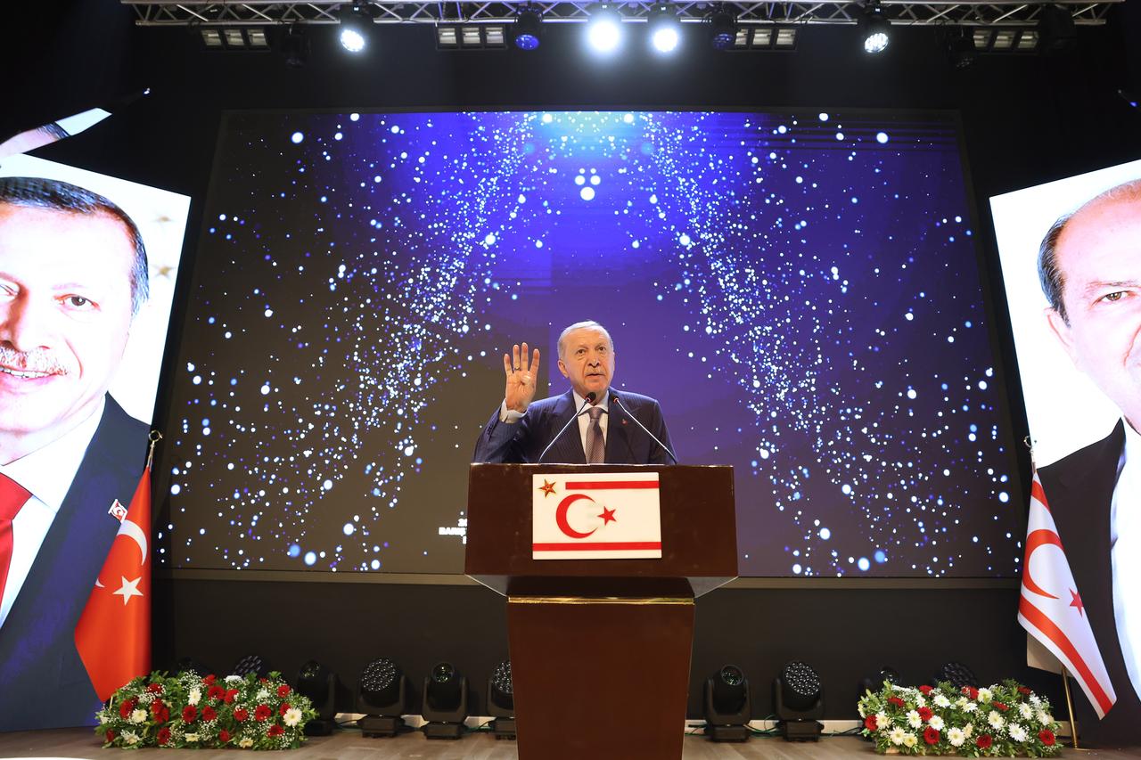 President Recep Tayyip Erdogan speaks at the Republic Complex in Lefkosia, Turkish Republic of Northern Cyprus (TRNC) on July 20, 2025. (Turkish Presidency/Mustafa Kamaci/Handout)