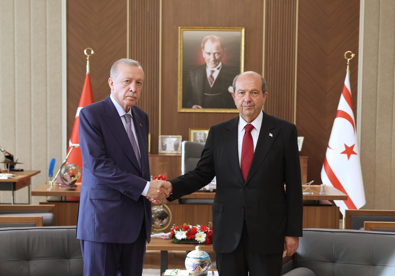 President Recep Tayyip Erdogan (L) meets with Turkish Republic of Northern Cyprus (TRNC) President Ersin Tatar (R) in Lefkosia, Turkish Republic of Northern Cyprus (TRNC) on July 20, 2025. (TUR Presidency/Mustafa Kamaci/Handout)