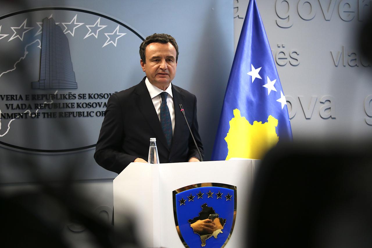 Kosovo's Prime Minister Albin Kurti holds a press conference in Pristina, Kosovo after Petar Petkovic, head of Serbia's Kosovo office announced the suspension of the normalization process with Kosovo, following the arrest of Igor Popovic, assistant director of Serbia's Office for Kosovo on July 21, 2025. (AA Photo)
