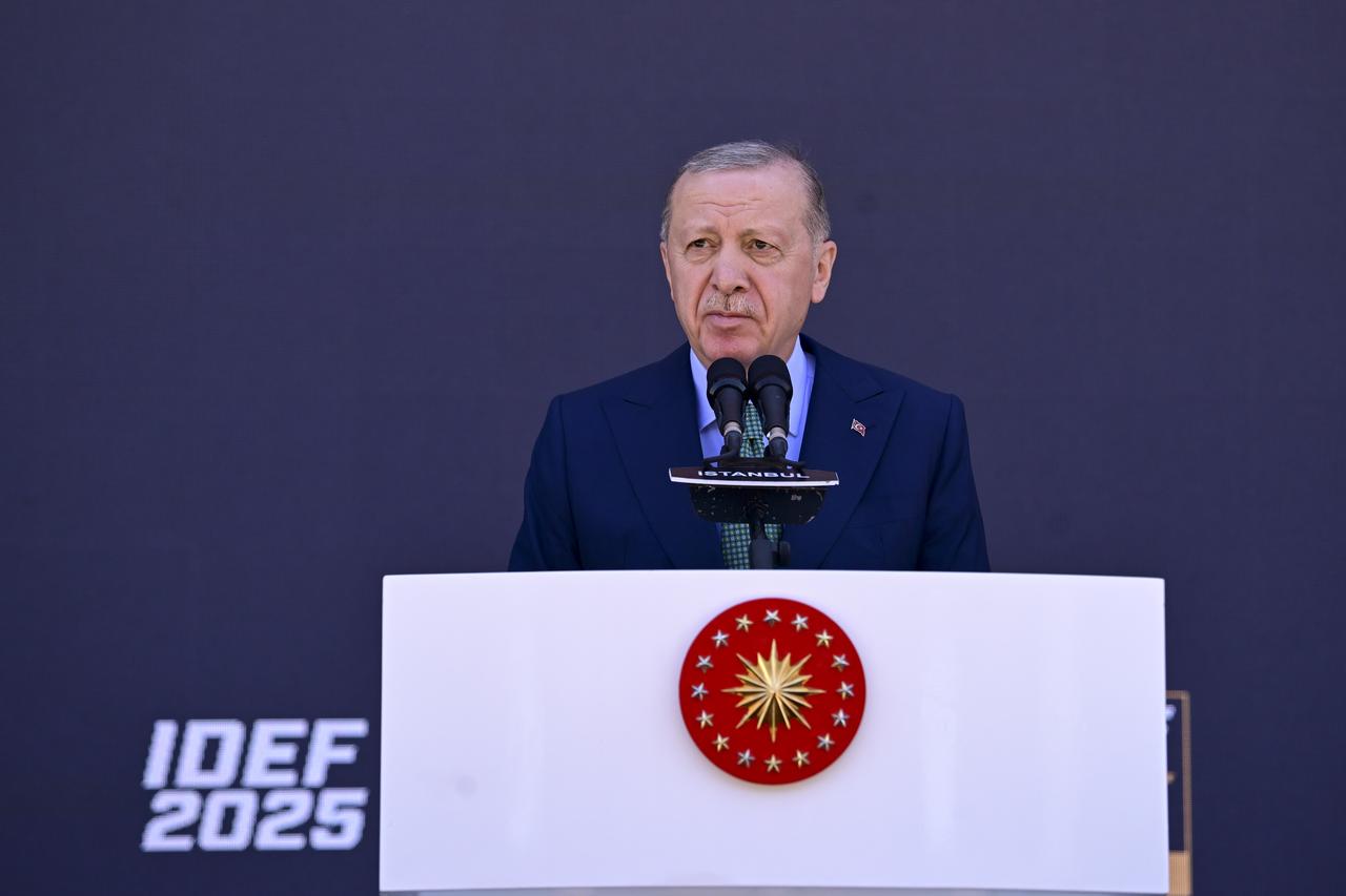 President Recep Tayyip Erdogan speaks during the 17th International Defense Industry Fair in Istanbul, Türkiye on July 22, 2025. (AFP Photo)