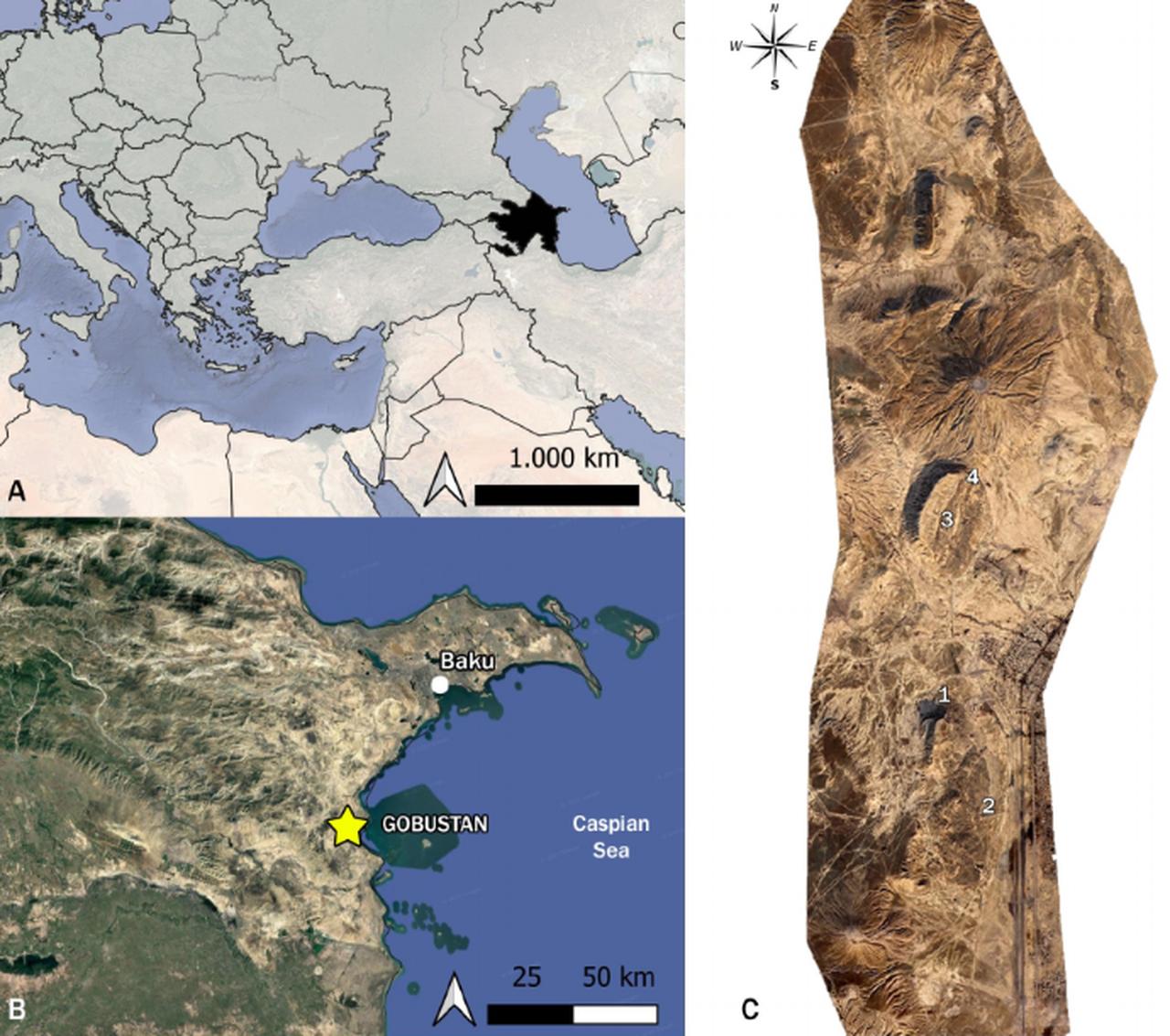 Location of Gobustan shown in the Euromediterranean region (A), within Azerbaijan (B), and detailed view of the Gobustan National Reserve highlighting key volcanic and rock art sites (C).  (Photo via Sigari et al., 2019)