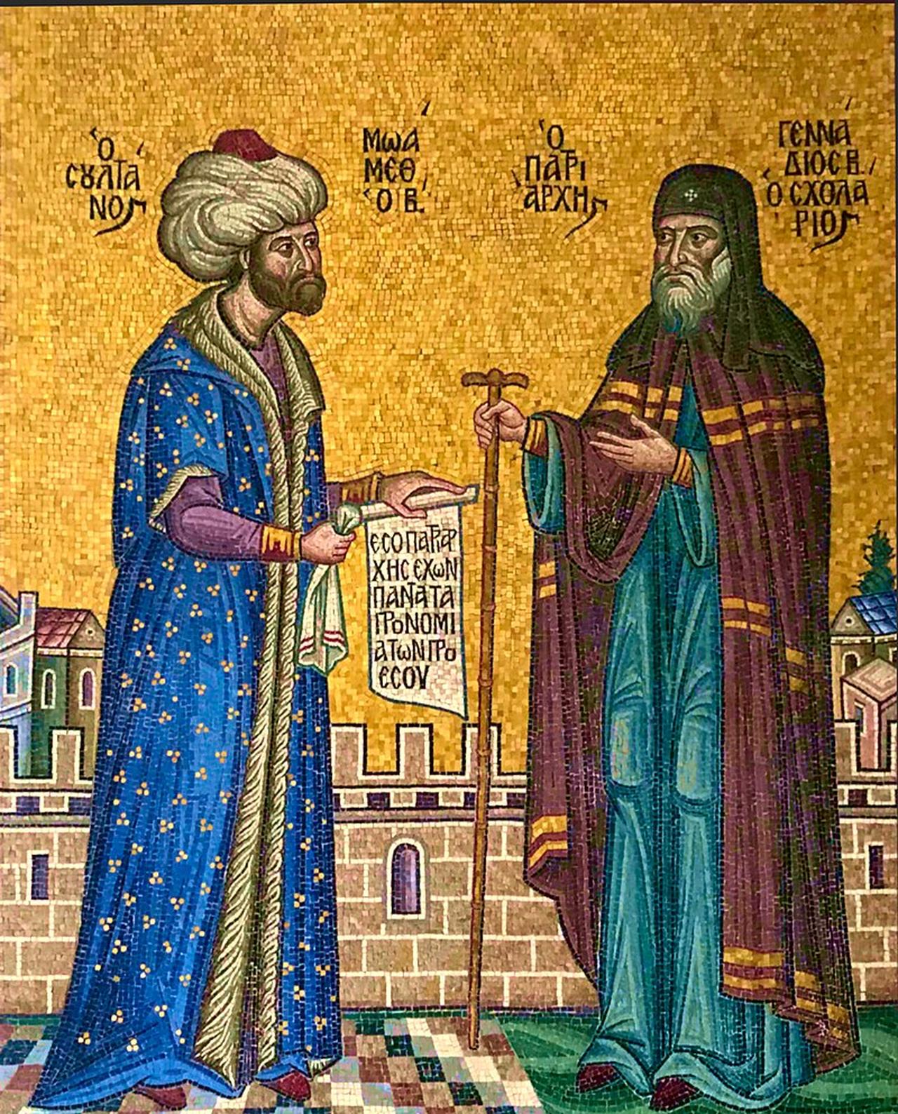 A mosaic of Sultan Mehmed II, the Ottoman sultan who conquered Istanbul, granting authority to Gennadios II, the first Greek Patriarch of Constantinople under Ottoman rule, his authority. (Photo via Wikimedia)